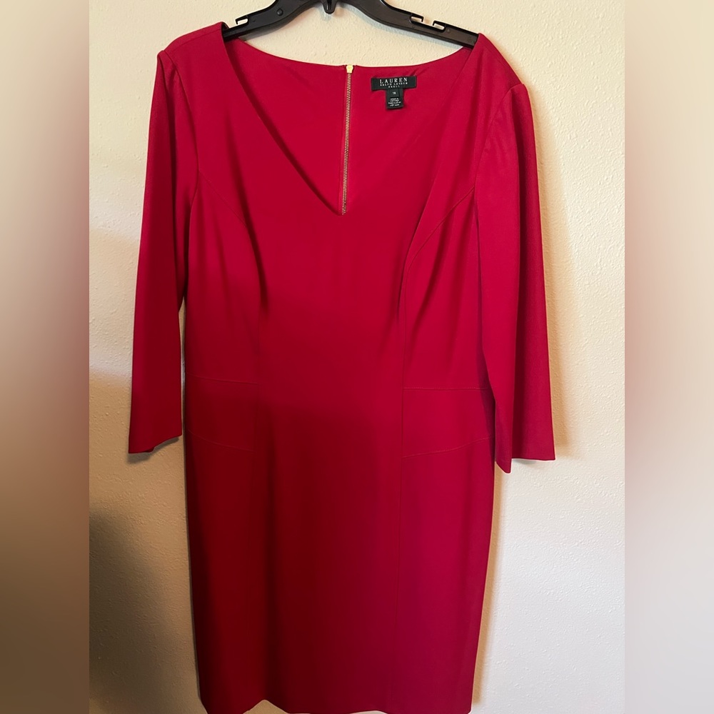 Lauren by Ralph Lauren Red Structured  & Fitted V Neck Dress Size 18